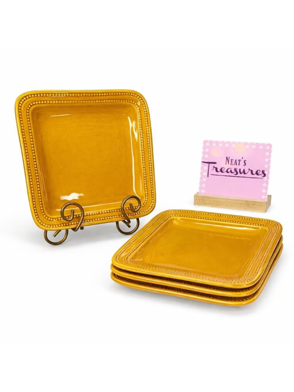 Artimino TOWN AND COUNTRY YELLOW Ironstone Embossed Dot Square Lunch Plate Set 4